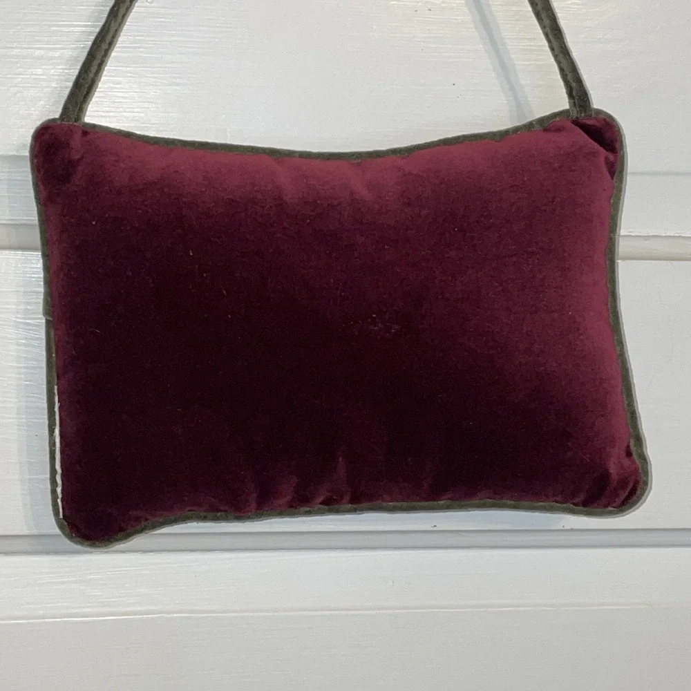 Vintage Maroon Velvet Ribbon Embroidery Rectangle Pillow Doves Hang Handle Strap